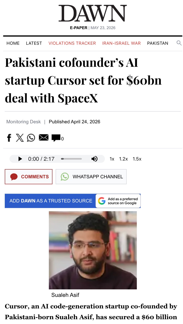 DAWN screenshot about Pakistani cofounder Sualeh Asif and Cursor's reported SpaceX deal