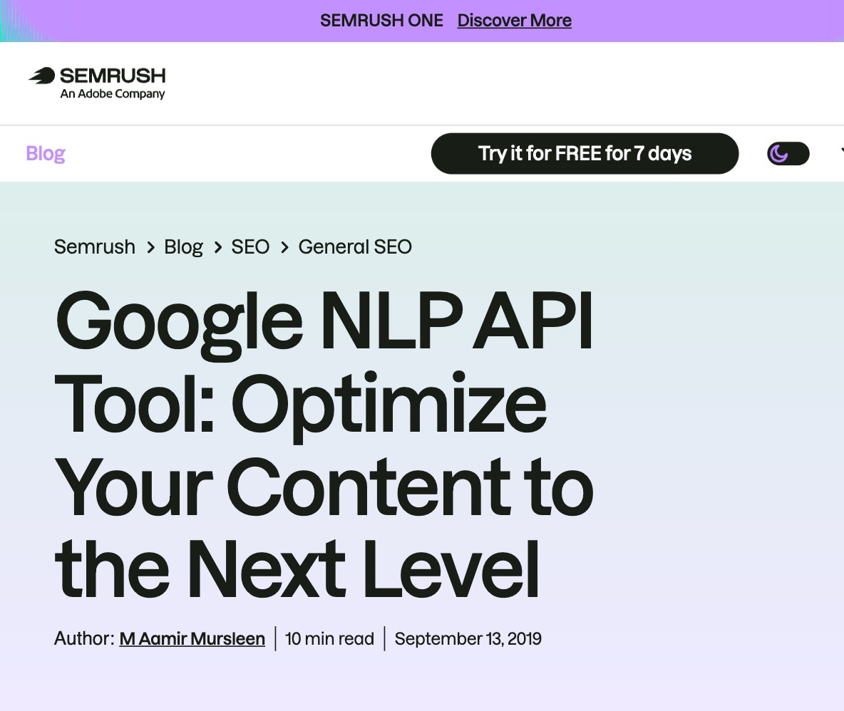Semrush article screenshot showing Google NLP API Tool article by M Aamir Mursleen
